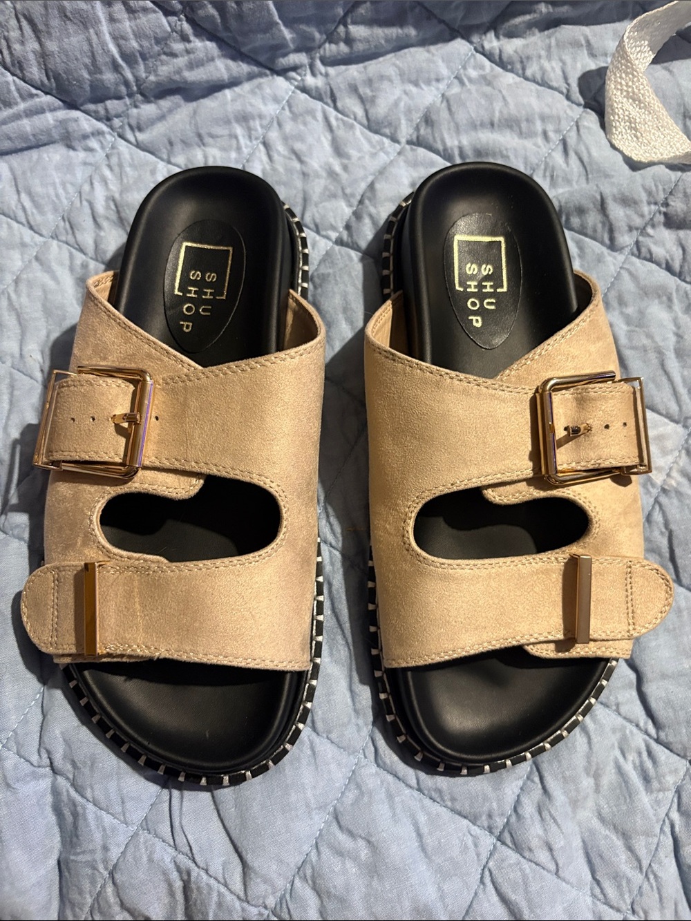 ShuShop Beige Double Buckle Slide Sandals